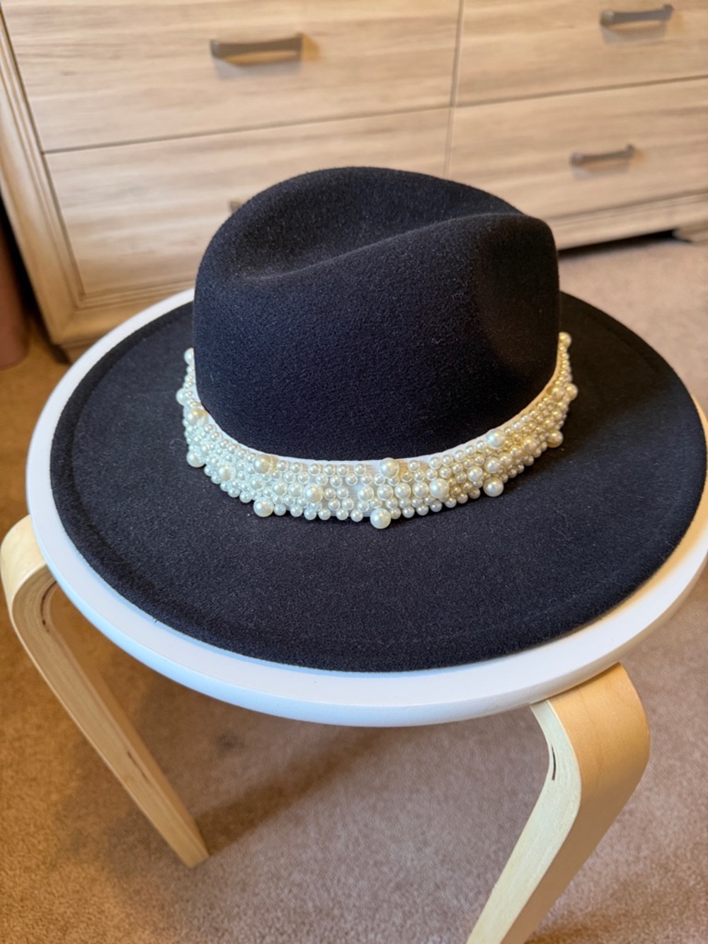Black Pearl-Embellished Wide Brim Women's Hat